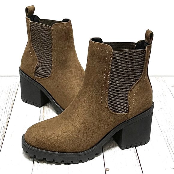 New Olive Forest Green Chelsea Elastic Platform Chunky Heel Ankle Boots Booties - Picture 2 of 4